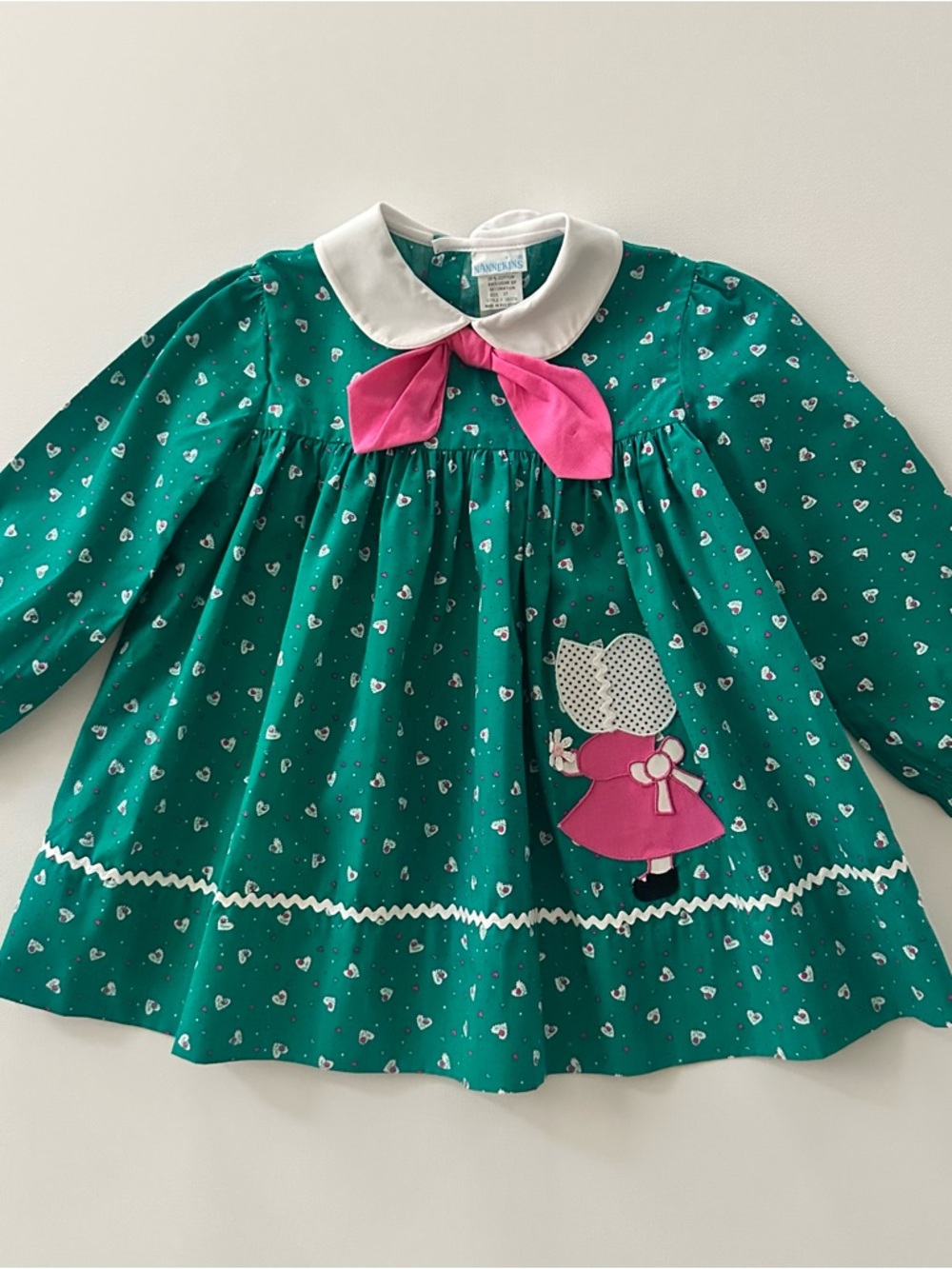 Vintage 3T Toddler Girl Green Pink Bow Dress
